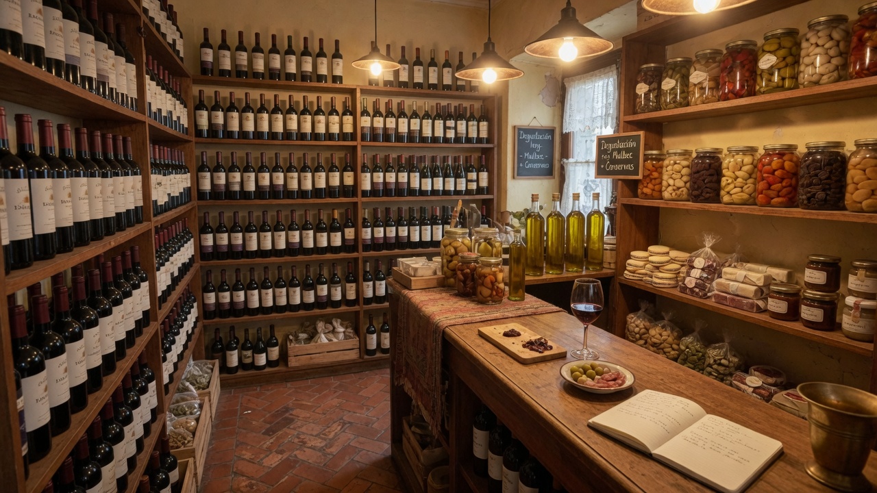 Interior de vinoteca con estanterías de vinos y productos regionales