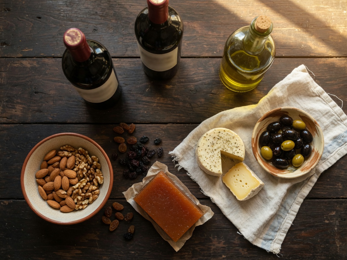 Vinos, aceite de oliva, frutos secos y dulces regionales